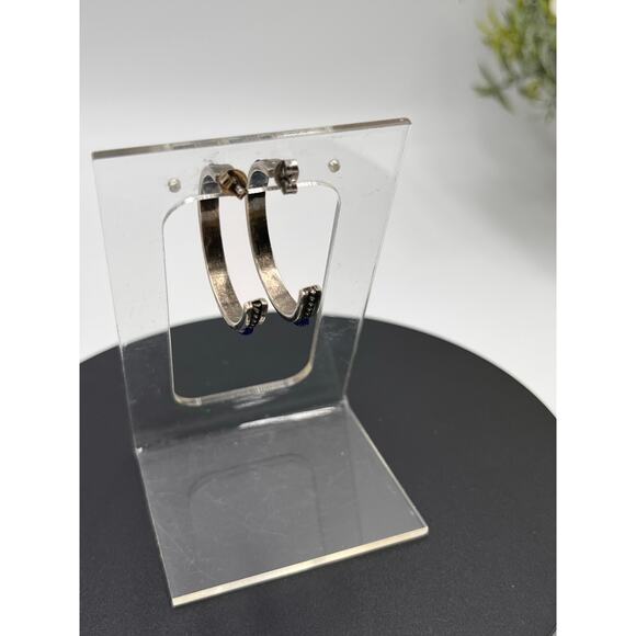 Blue Lapis Lazuli Inlay Vintage Sterling 925 Rope channel Hoop Pierced Earring - Picture 5 of 7